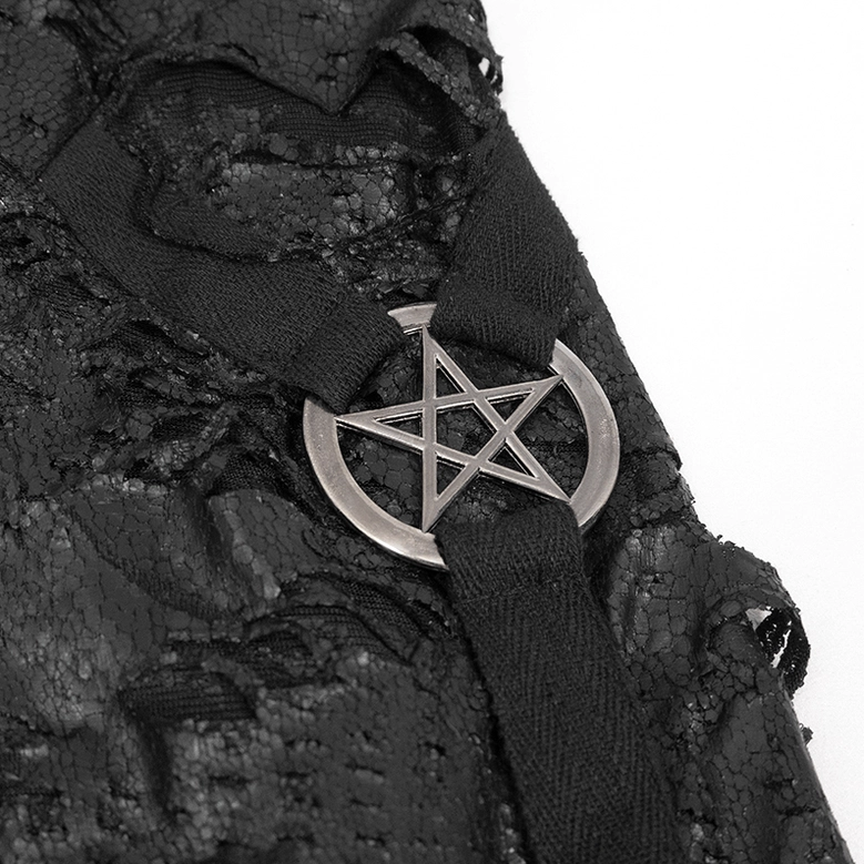 Macro view of metal pentagram ring fastener on distressed black fabric strap