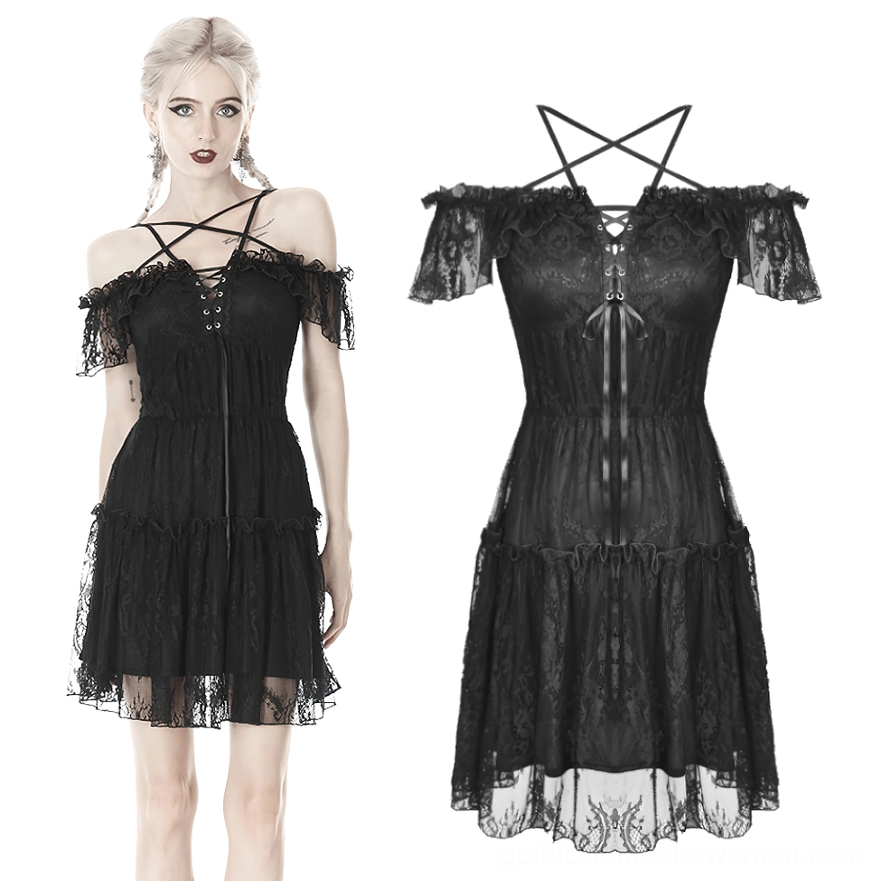 Black lace-up pentagram dress full length front view with ruffled off-shoulder neckline
