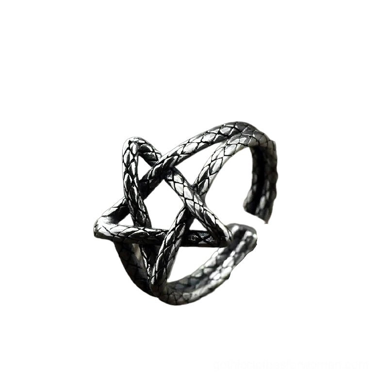 Dark oxidized sterling silver pentagram ring showing side profile of hollow star geometric design