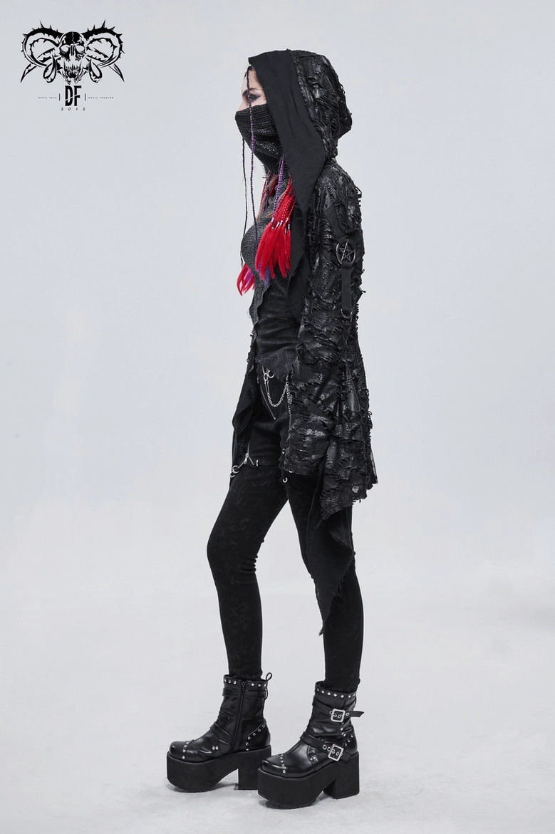 Detail view of metal pentagram patch and distressed black fabric on gothic hooded cape