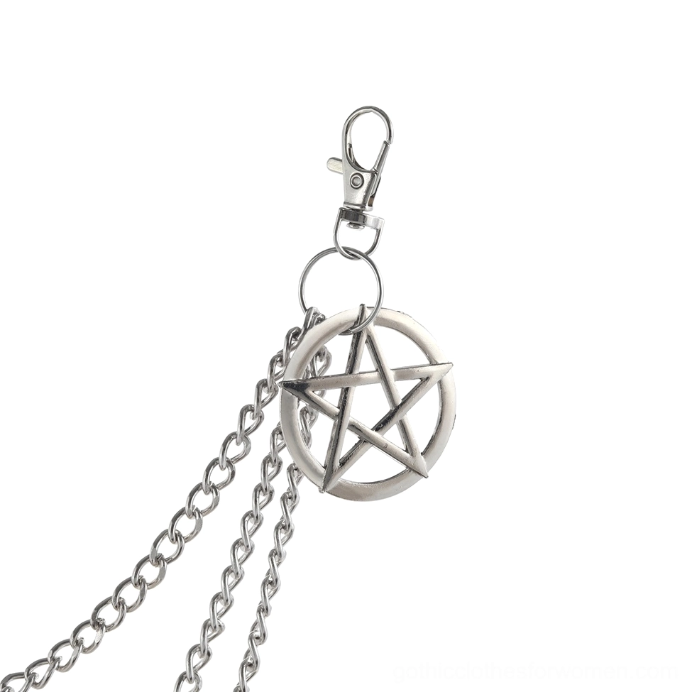 Pentagram chain pendant close-up showing silver round pentagram charm with lobster clasp attachment mechanism