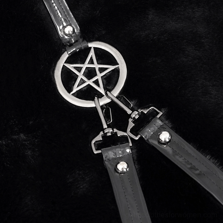 Pentagram pendant embellishment detail on black fuzzy gothic cat ear hooded jacket