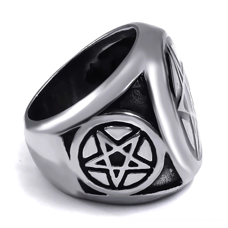 Pentagram biker ring bottom side view showing inner bore and side band engravings