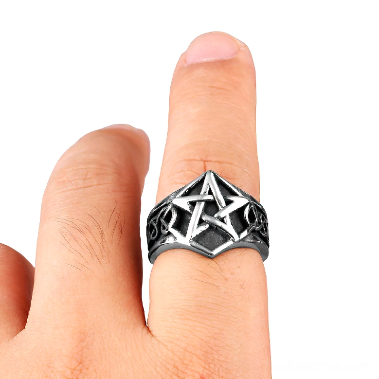 Men's stainless steel pentagram ring worn on hand, displaying comfortable fit and vintage worn texture on male fingers