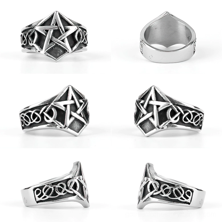 Pentagram ring multi-angle display showing six different views of the gothic stainless steel jewelry piece