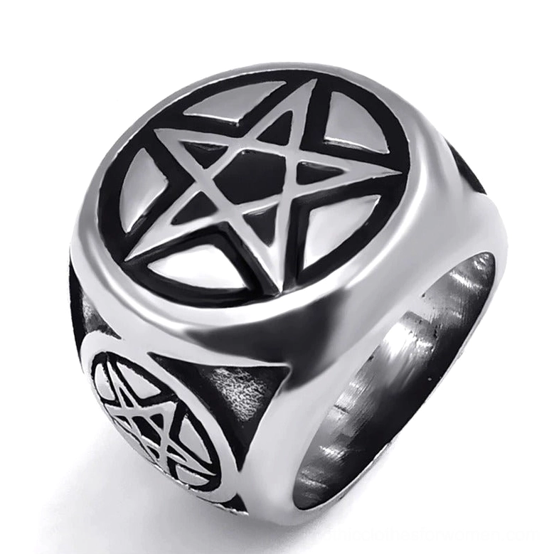 Pentagram ring right side front perspective polished metal finish with detailed star pattern