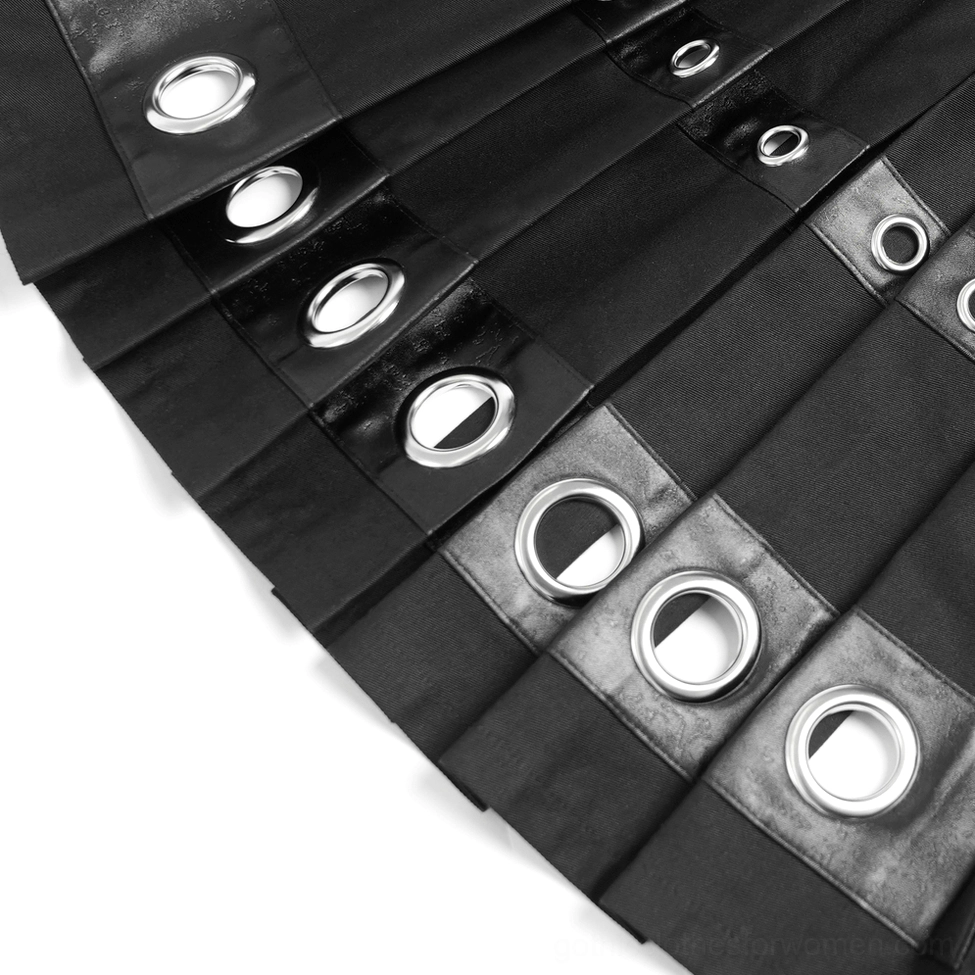 Black pentagram maxi skirt hem detail showing metal grommet placement and faux leather accents on gothic skirt