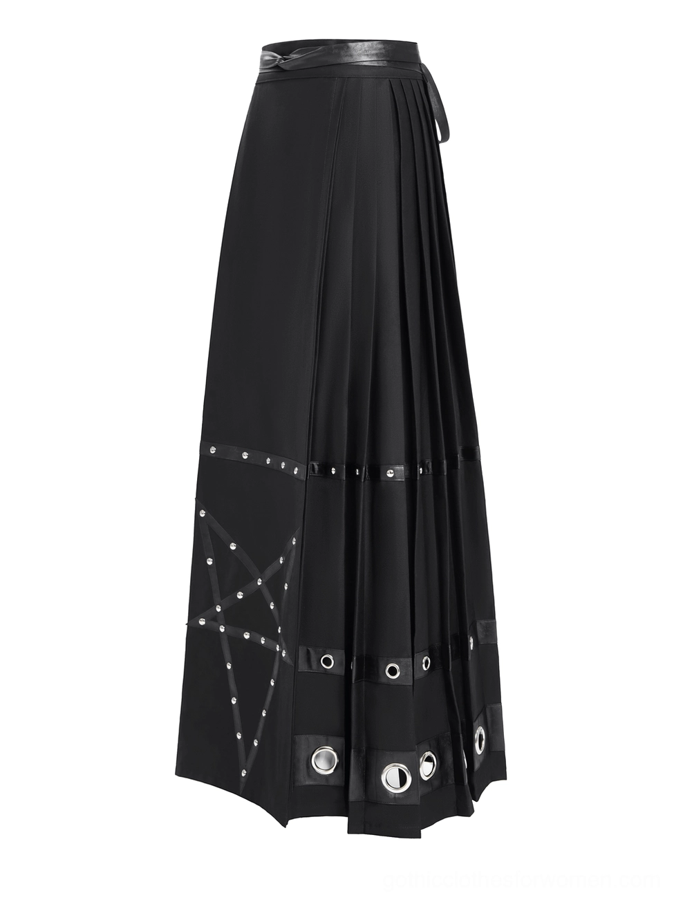 Black pentagram maxi skirt side profile view, pentagram straps and metal grommet accents on studio white background