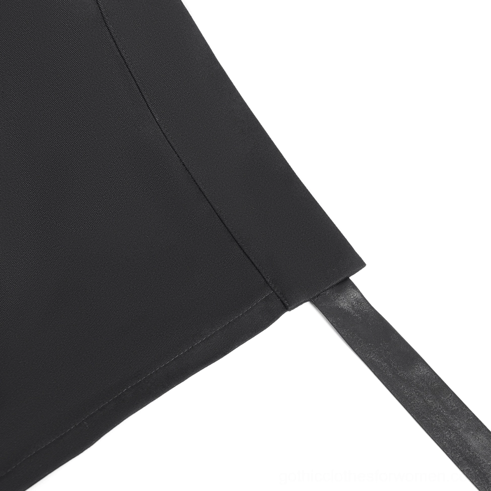 Waist detail close-up of pentagram gothic skirt showing faux leather waistband and adjustable tie mechanism