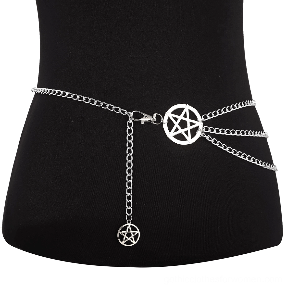 Silver pentagram waist chain belt with decorative drop pendant, front view on black mannequin torso