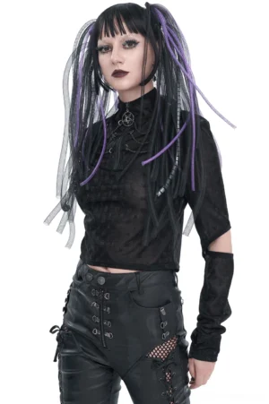 Gothic pentagram zipper stand collar mesh top with split long sleeves, front view on model with purple dreadlocks