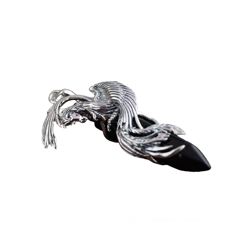 Gothic phoenix stone pendant side profile showing 3D vintage silver sculpture with polished black crystal obsidian