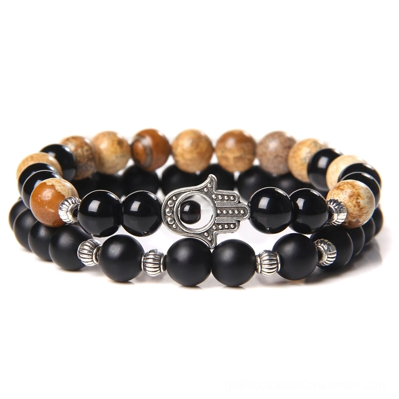 Picture jasper and matte black onyx beaded bracelet with protective Hamsa evil eye silver charm - earth gothic style