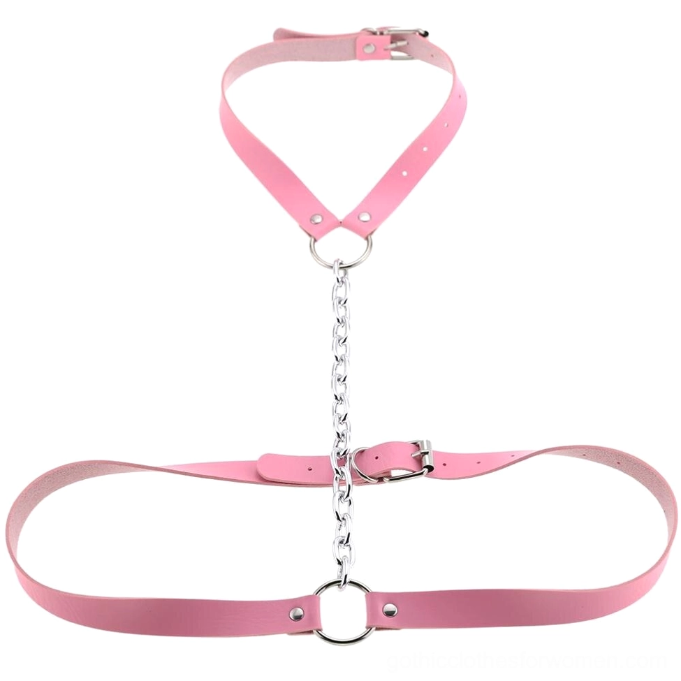 Pink faux leather body harness with metal O-rings and chain details, adjustable fit