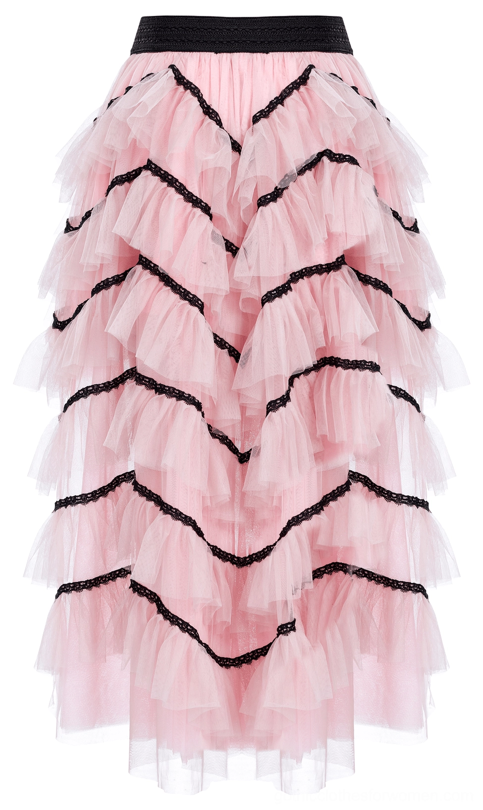 Pink chevron ruffled mesh midi skirt with black waistband showing uniform tiered ruffle layers and romantic goth aesthetic
