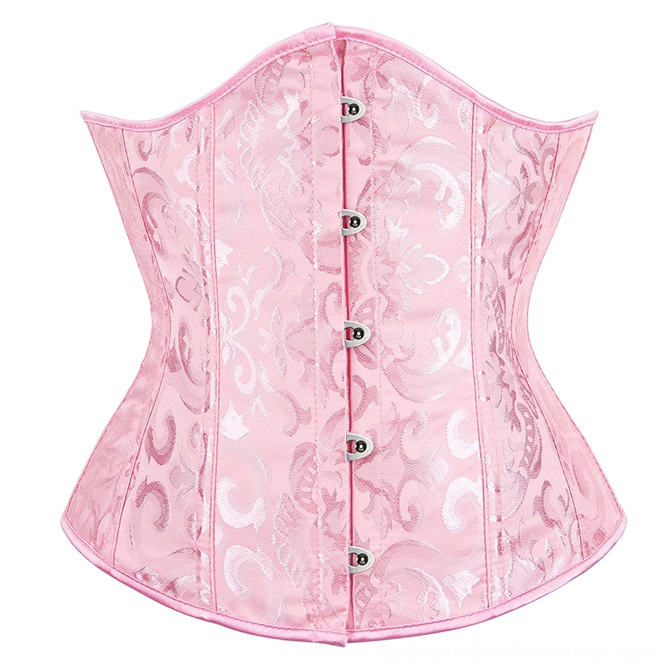 Pink damask lace-up gothic corset with contrasting edge trim and vintage-inspired jacquard pattern