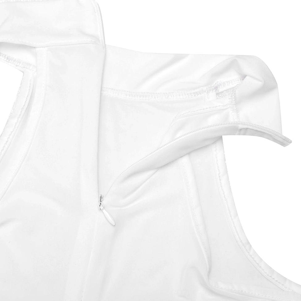 Peach pink sleeveless gothic bodysuit front view, solid matte fabric with high neckline and mock neck design
