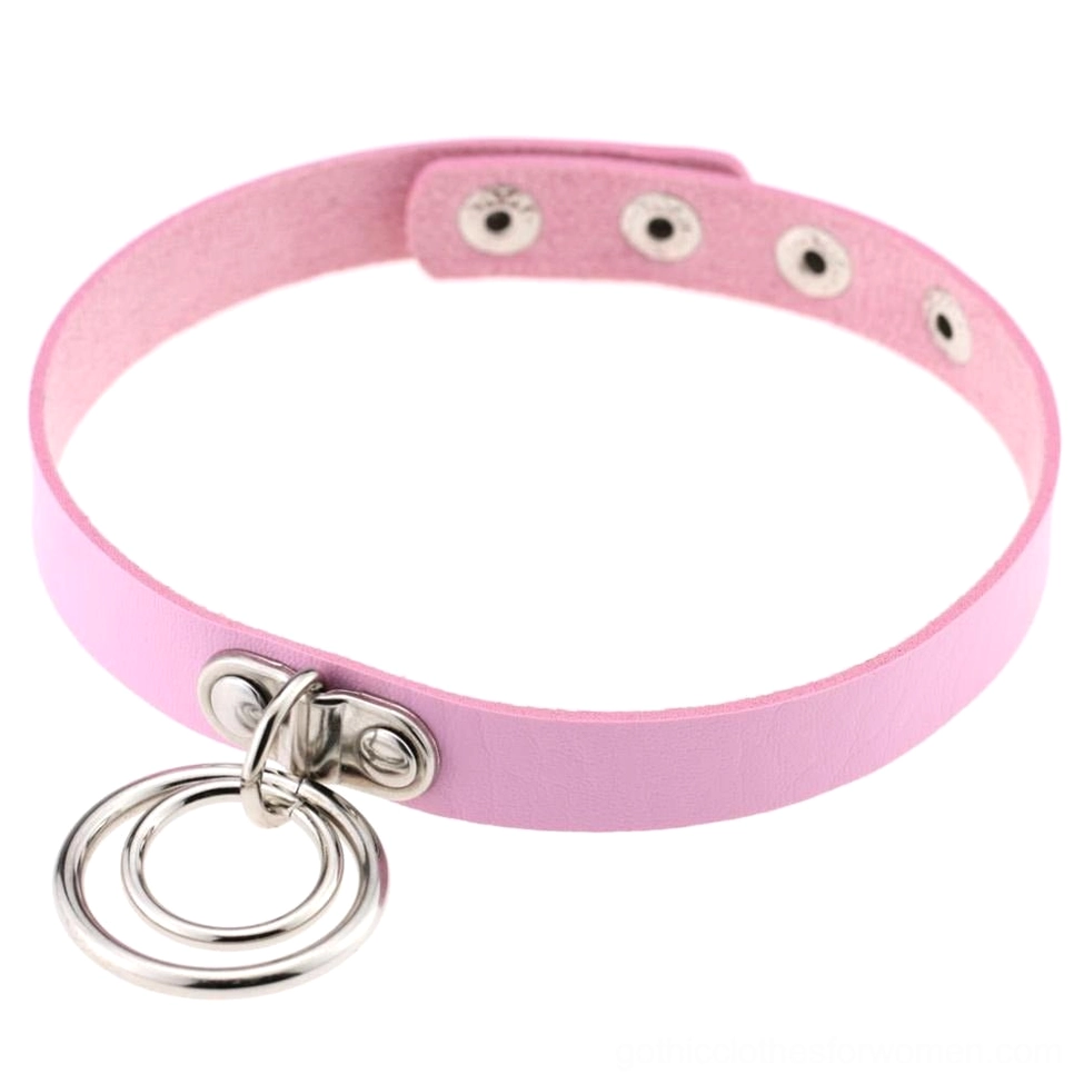 Pink PU leather gothic choker with adjustable metal rings and snap closure