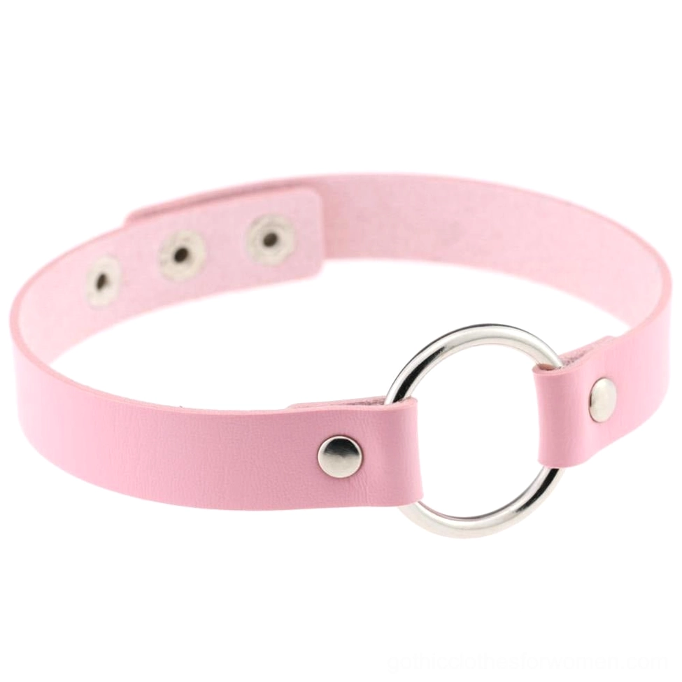 Pink PU leather gothic choker with silver metal O-ring, adjustable snap button closure
