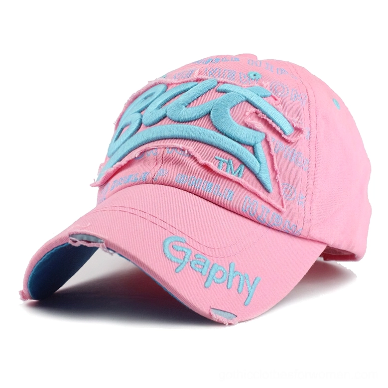Pink distressed gothic snapback cap with blue 3D embroidery and frayed edges