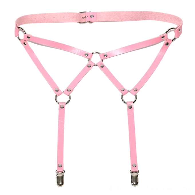 Pink gothic body harness flat lay, front display showing adjustable leather straps and silver metal fittings