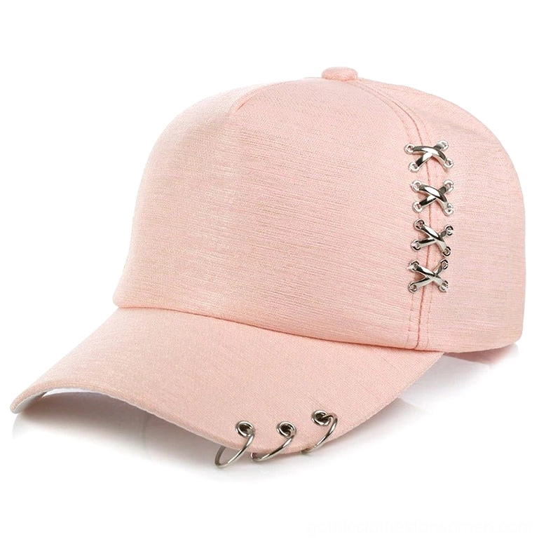 Pink gothic baseball cap with three silver metal brim rings and cross decorations