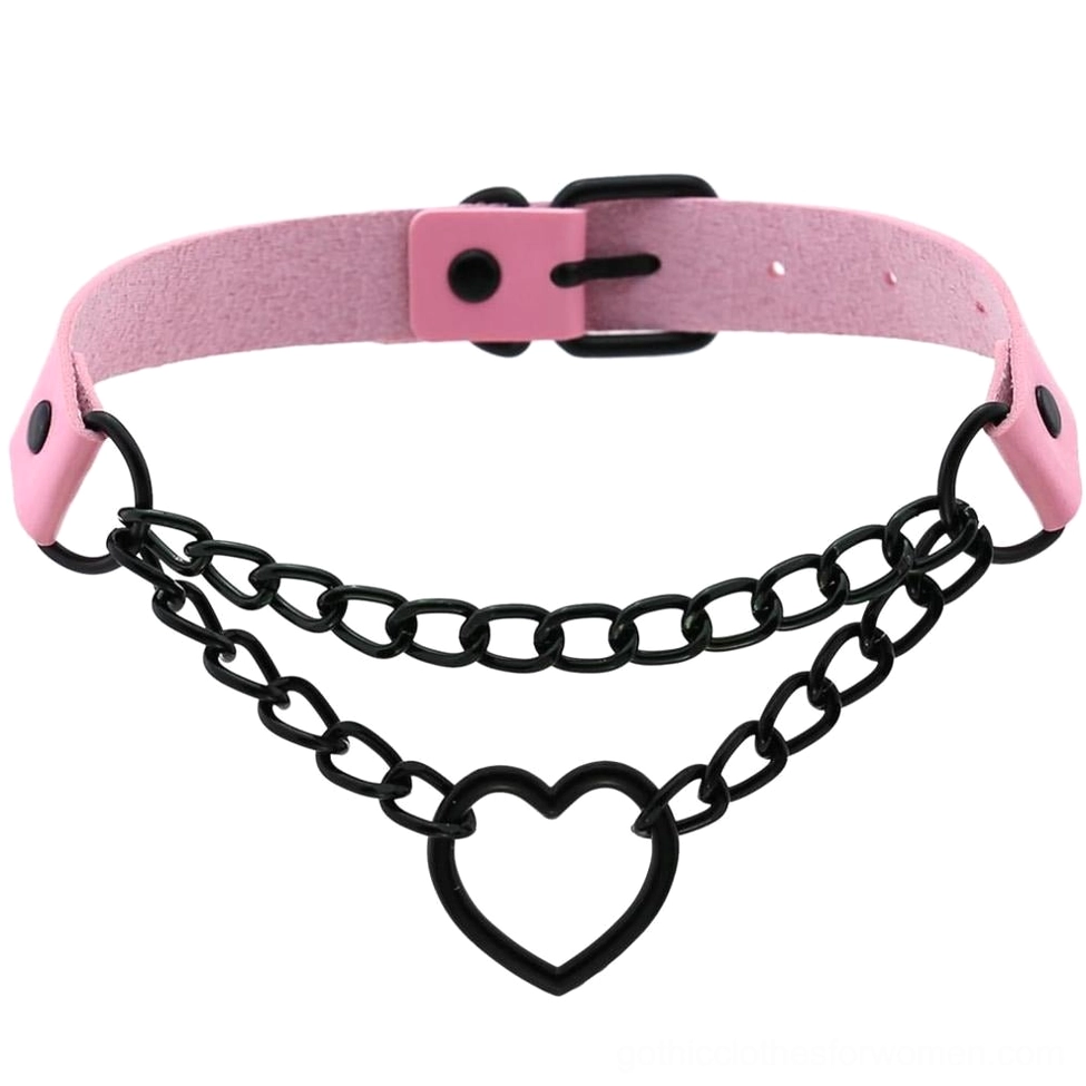 Pink PU leather heart choker featuring black chain links and hollow heart pendant with adjustable fit