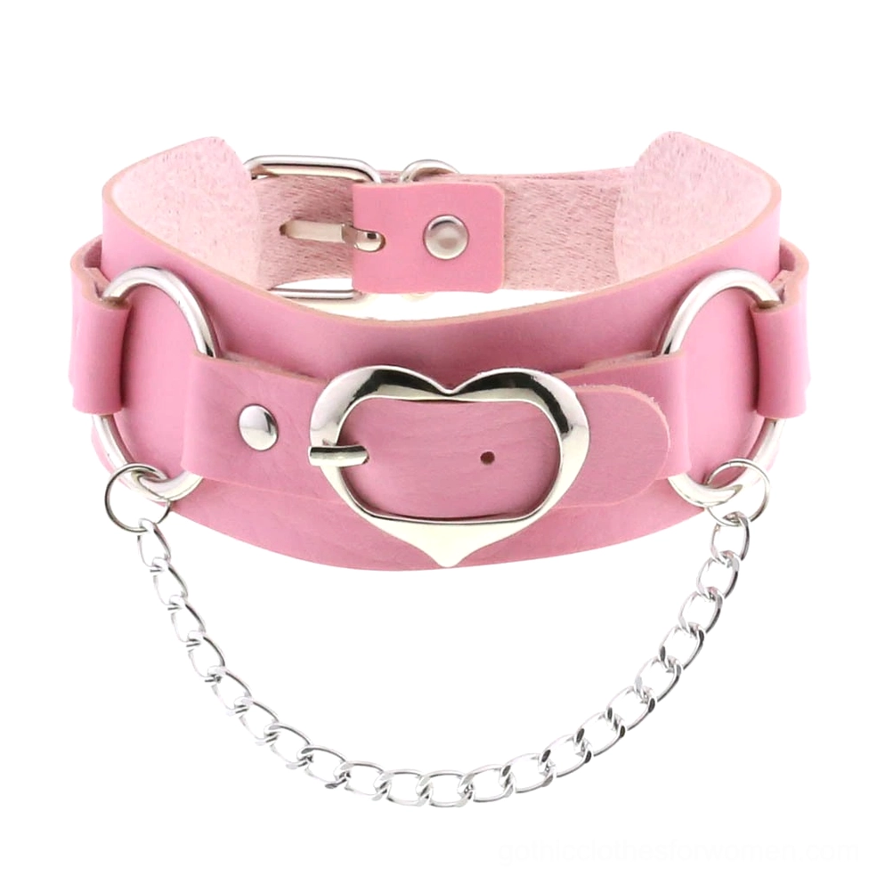 Pink leather heart choker with silver chain details and adjustable gothic clasp