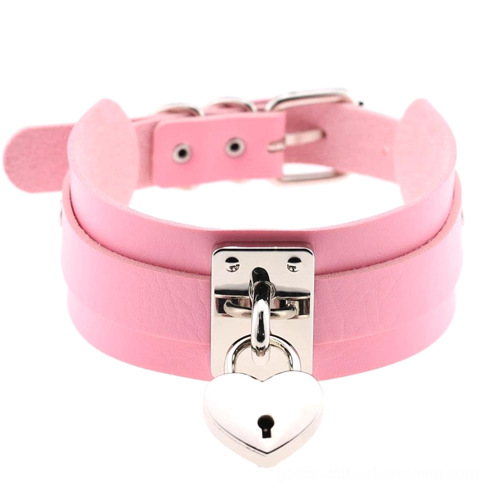 Silver pink gothic leather heart lock choker necklace - romantic goth color variant