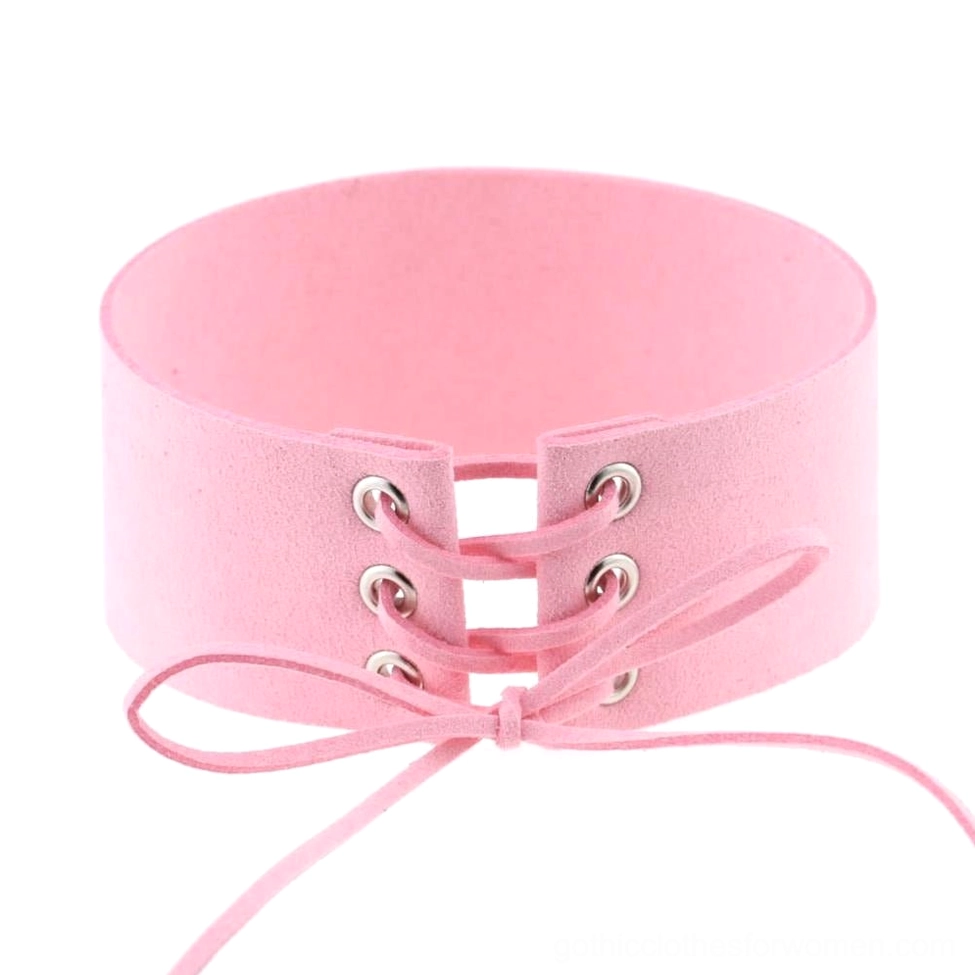 Pink lace-up velvet choker necklace, romantic gothic aesthetic accessory