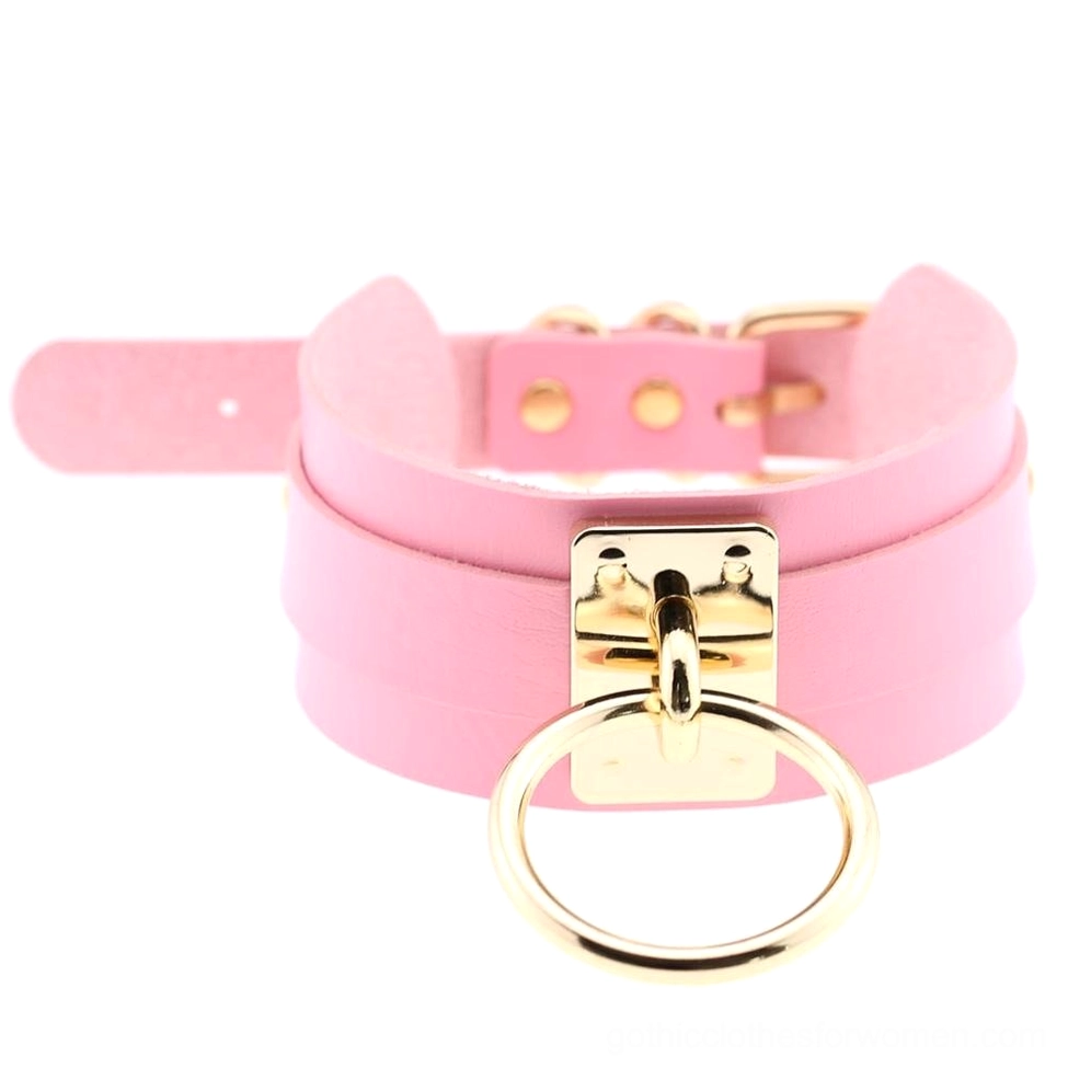 Pink PU leather bondage choker with gold metal ring and clasp, pastel goth adjustable necklace
