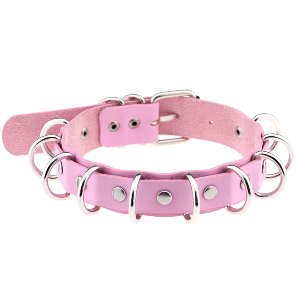 Pink faux leather gothic choker with metal ring studs and adjustable link chain