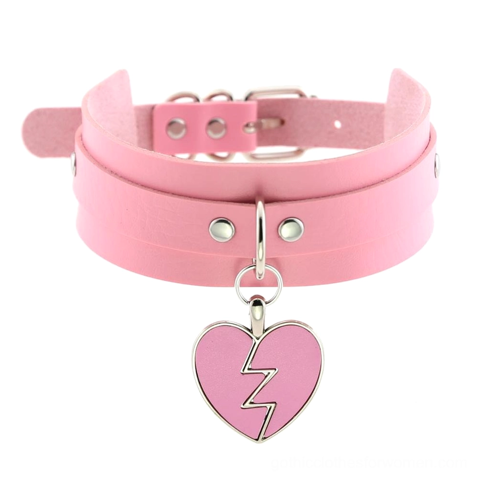 Pink soft leather gothic choker with pink fractured heart lightning bolt pendant