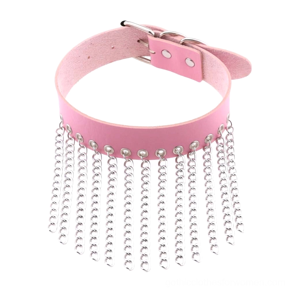 Pink leather choker romantic goth style with silver chain tassels and buckle