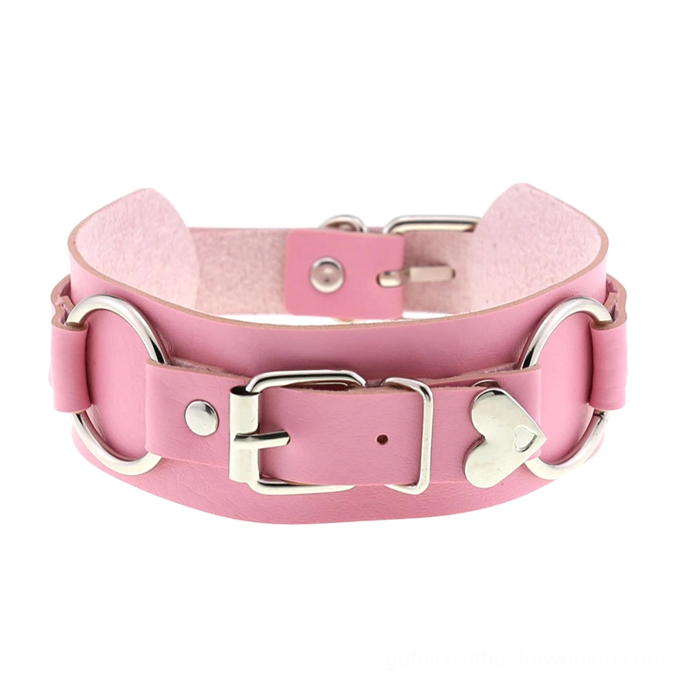 Pink leather heart choker collar with silver metal fittings and adjustable D-ring closure