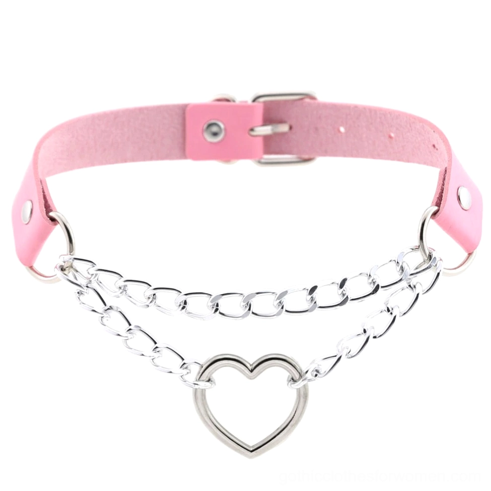 Pink PU leather heart choker with dual silver chains - goth alternative chain necklace