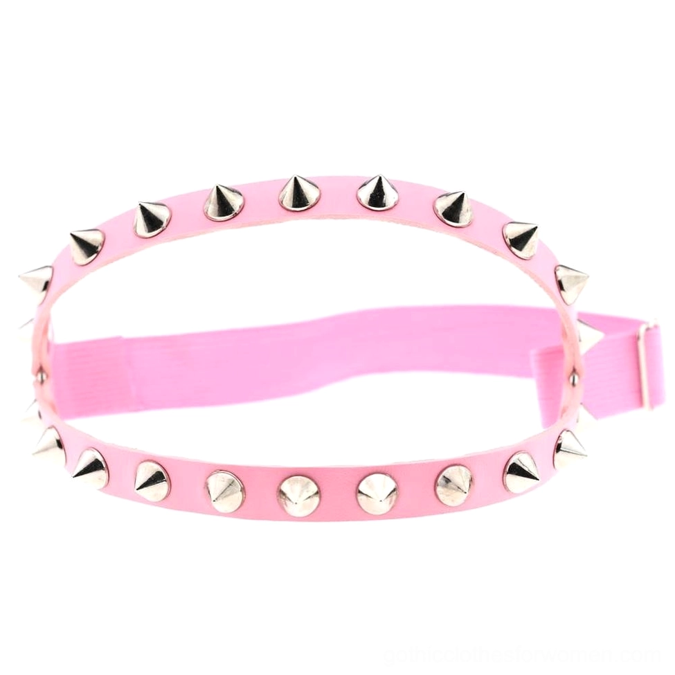 Pink leather spiked leg garter with silver cone and round rivets adjustable buckle gothic fashion accessory