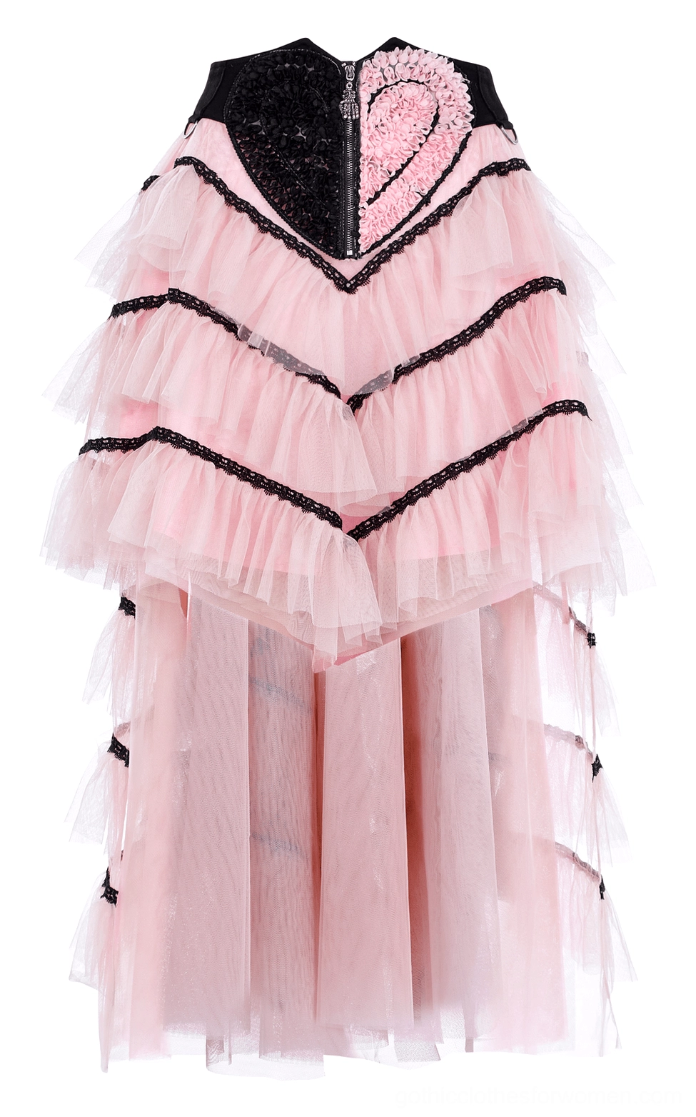 Pink ruffled mesh heart skirt front panel close-up showing black waist band, flocked heart appliqué embellishment, and sheer tulle construction