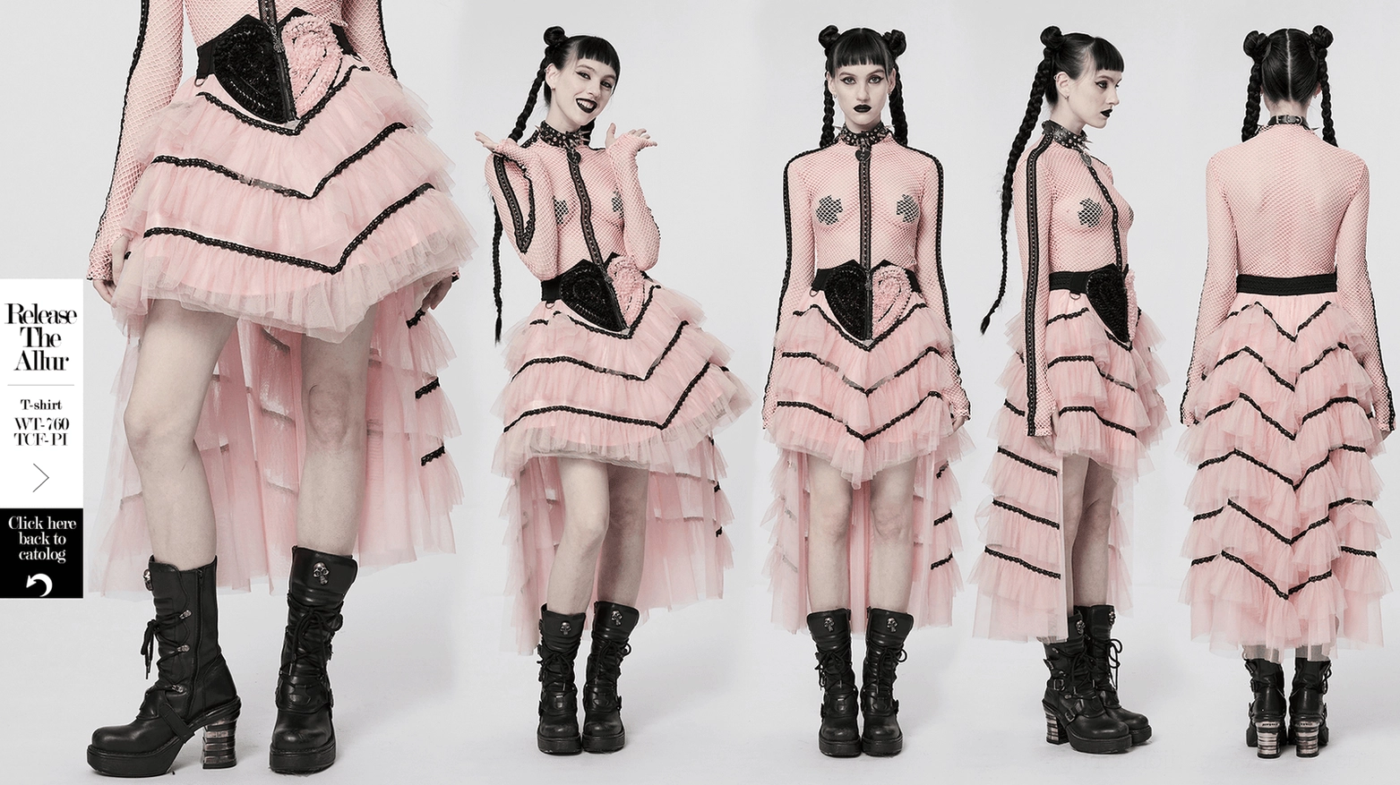 Pink mesh heart skirt with ruffled tulle layers and skeleton hand hardware showcasing romantic goth punk fusion aesthetic