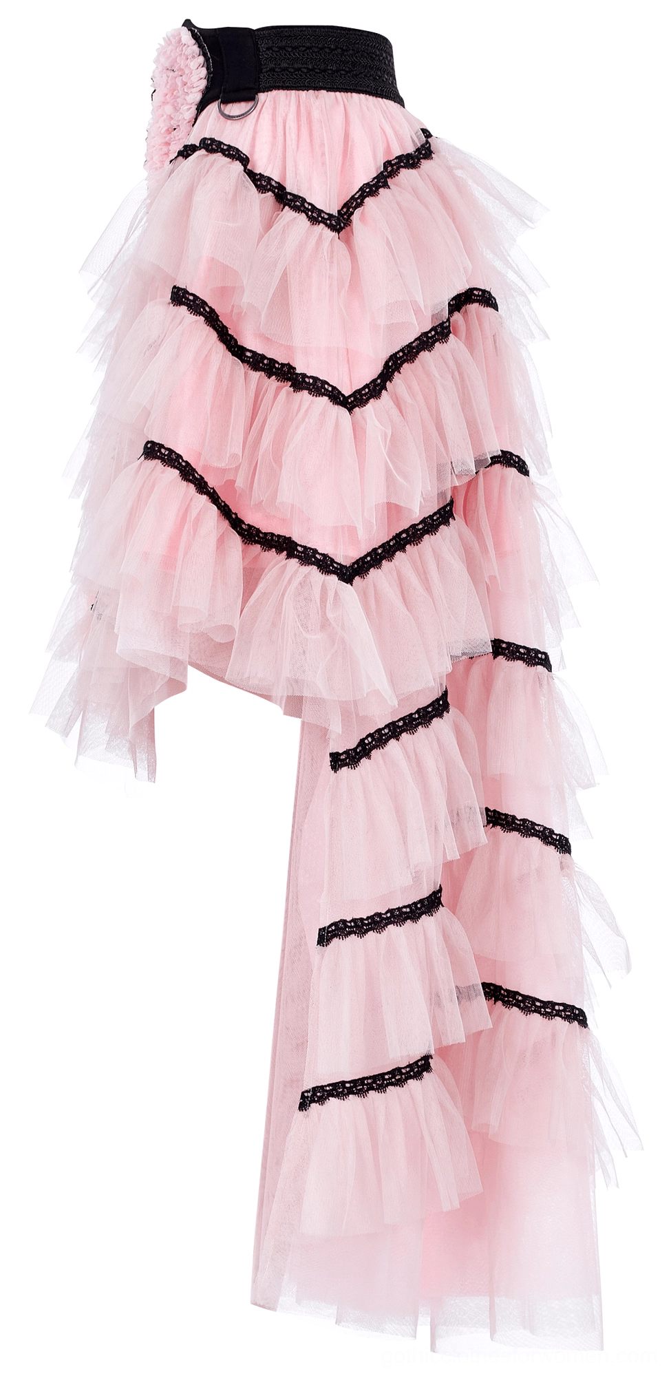 Side view of asymmetric pink tiered mesh skirt with black trim accents, showcasing layered ruffled tulle and contemporary gothic silhouette