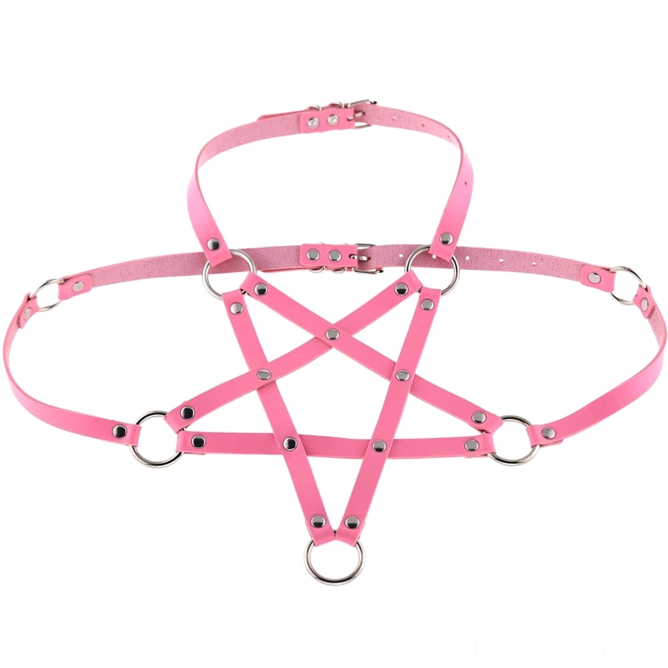 Pink PU leather pentagram body harness with adjustable straps and metal hardware goth fashion accessory