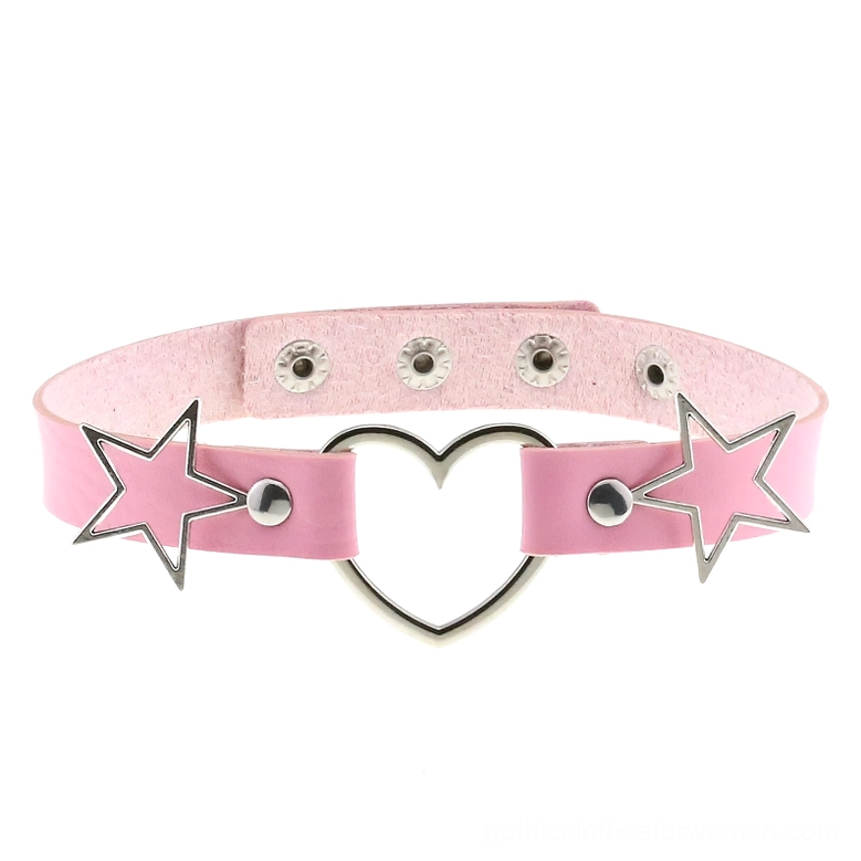 Pink PU leather heart and star choker necklace with silver metal decorations and adjustable snap buttons, gothic accessory