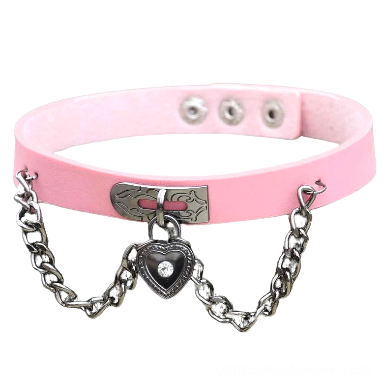 Pink PU leather gothic choker necklace with heart-shaped lock pendant and silver chain - flat lay