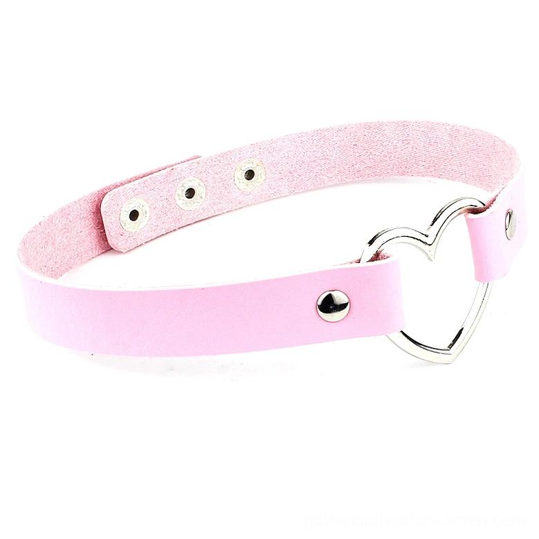 Pink PU leather heart choker necklace with silver heart buckle and adjustable fasteners on white background