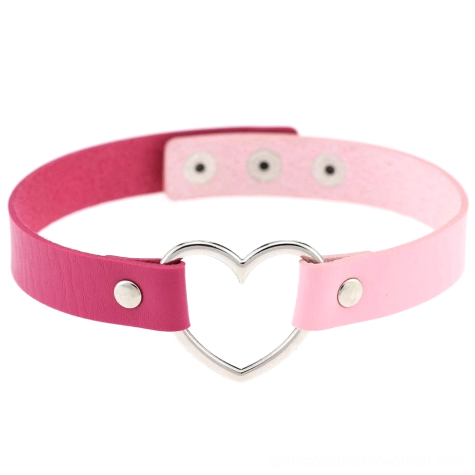 Pink and rose red soft goth choker collar with silver heart charm, two-tone leather necklace