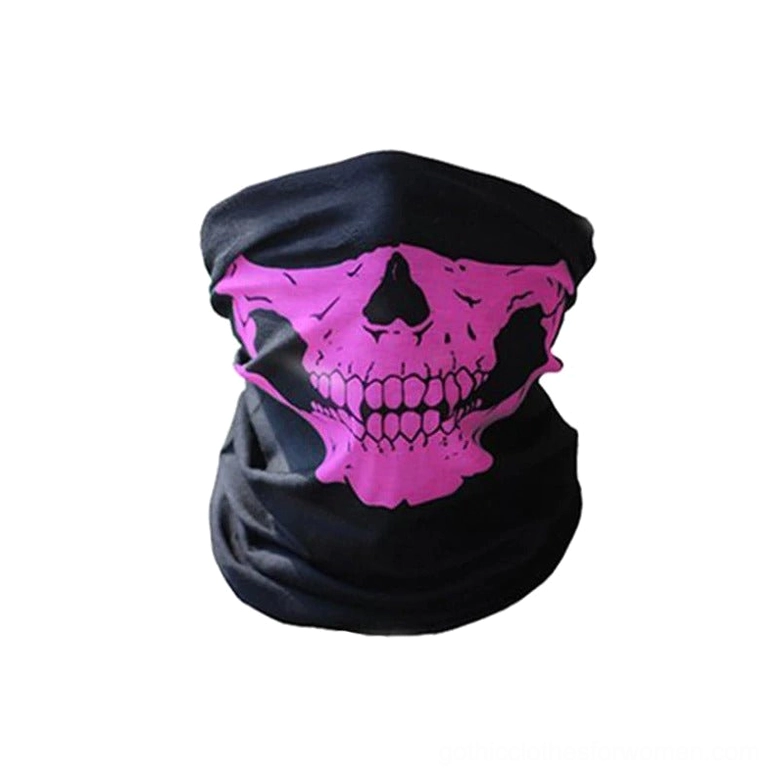 Pink skull gothic face mask balaclava, hot pink skull on black stretch fabric close-up