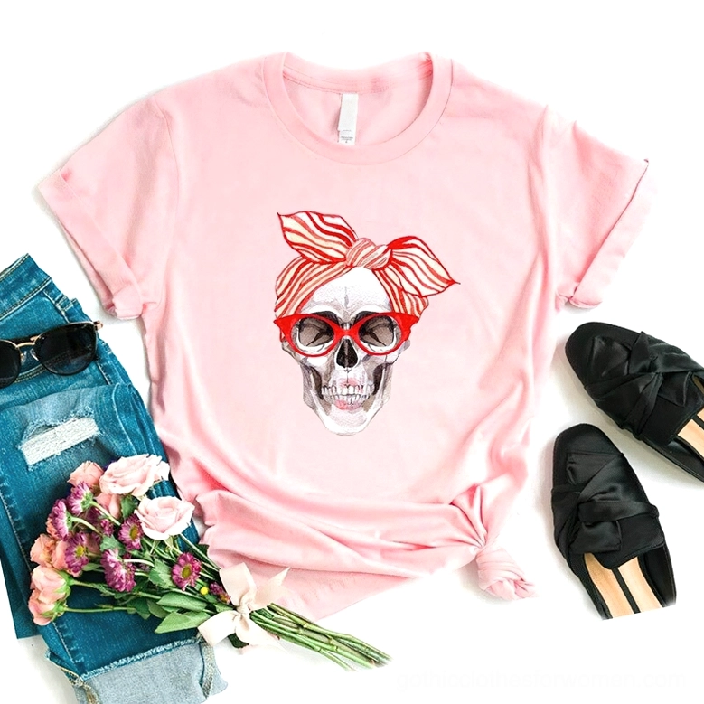 Pink skull print t-shirt with denim, floral accessories and mules, alternative fashion