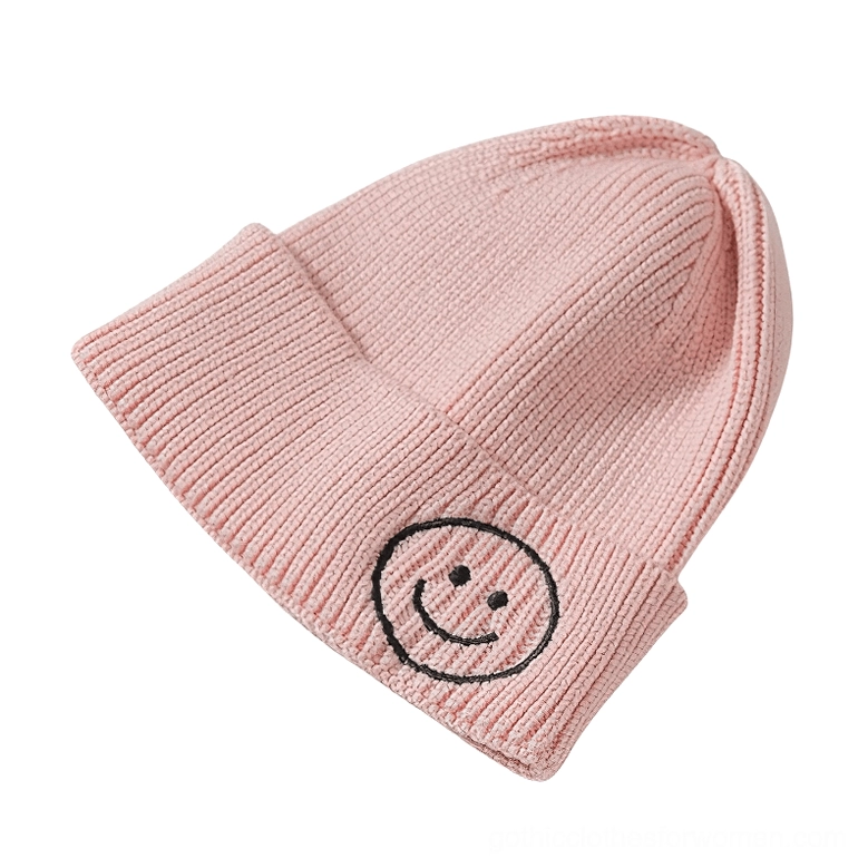Pink smiley face embroidered knit beanie, romantic gothic winter hat with smiley design