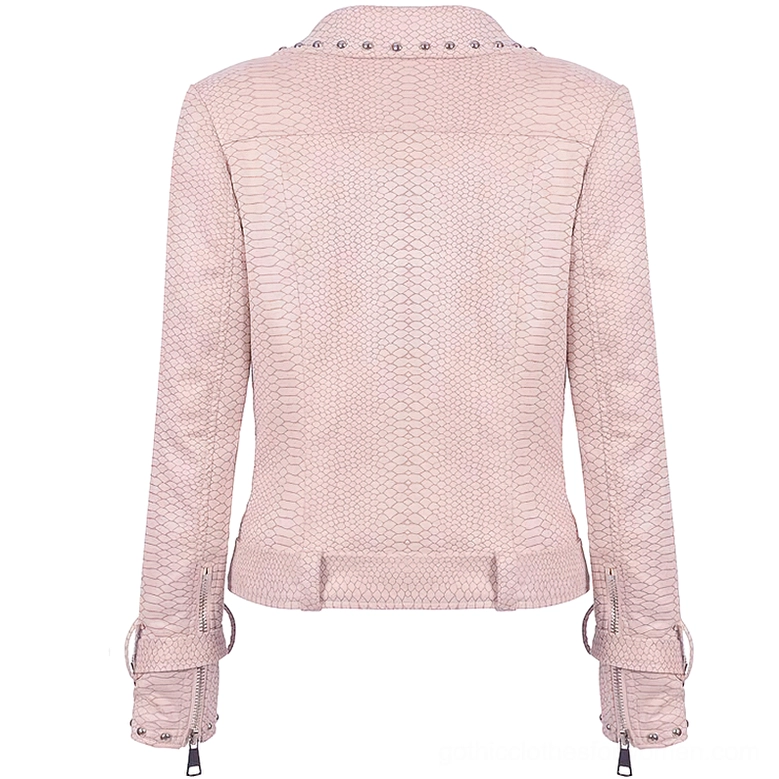 Pink snake pattern gothic biker jacket back view, showing studded collar, cuff buckles and back waist belt design