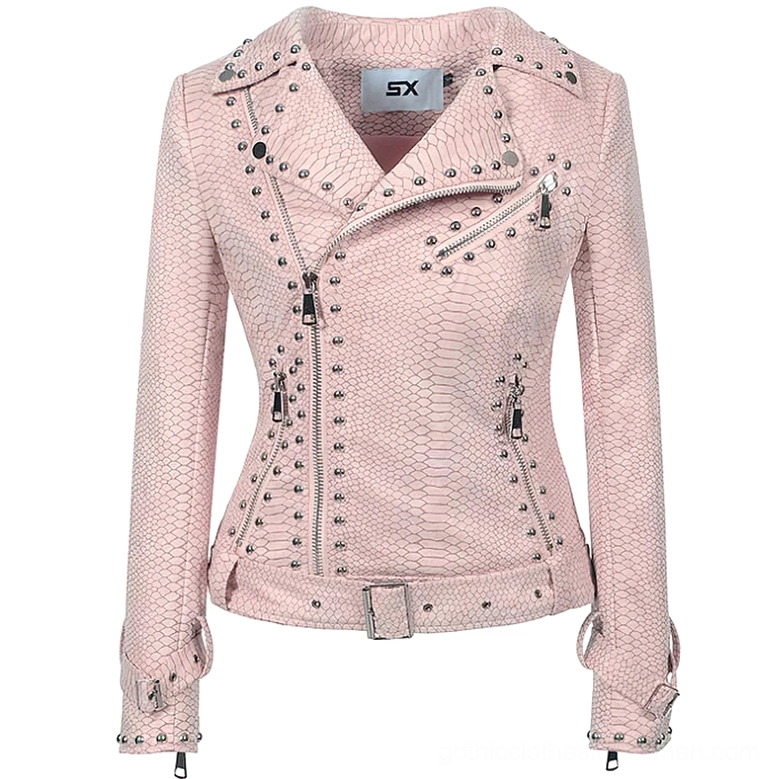 Pink snakeskin suede studded biker jacket with gothic aesthetic, adjustable waist belt and silver hardware